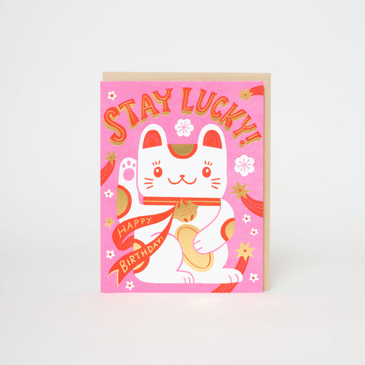 Birthday Stay Lucky Cat Letterpress Greeting Card by Hello!Lucky