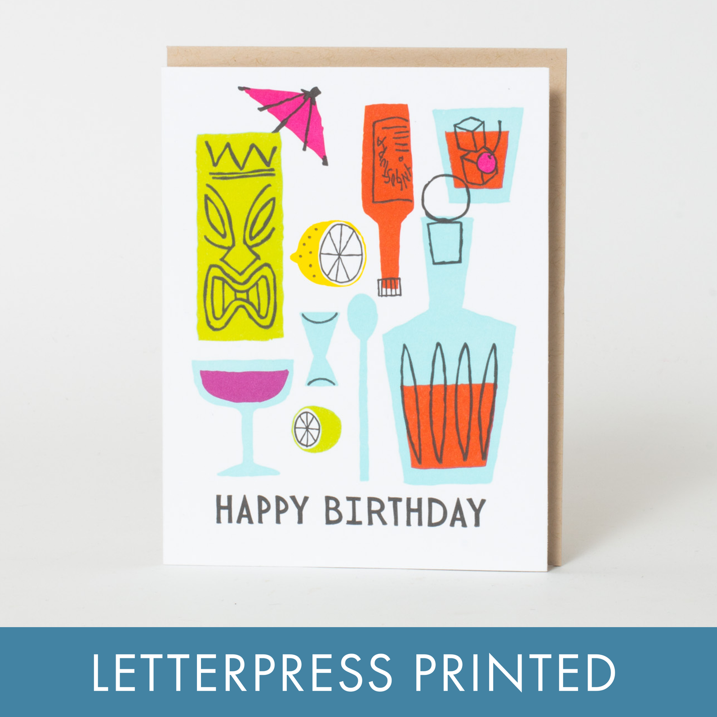 Birthday Cocktails Letterpress Greeting Card by Fugu Fugu
