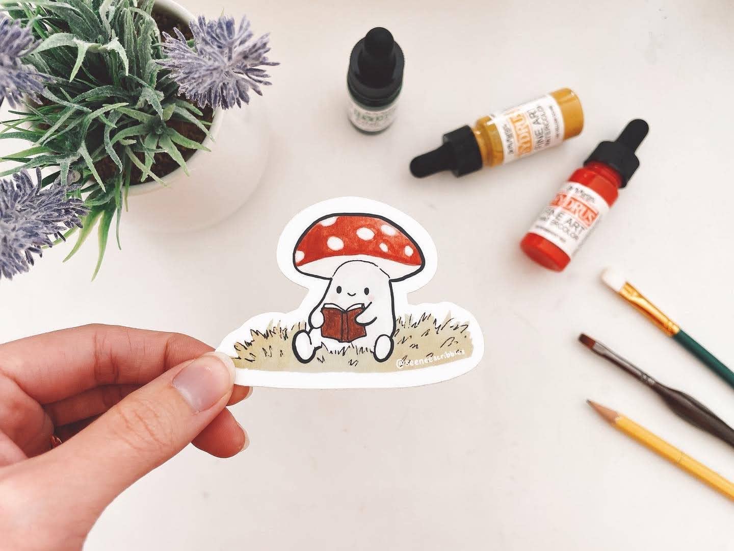 Reading Mushroom Sticker | Waterproof and Dishwasher Safe